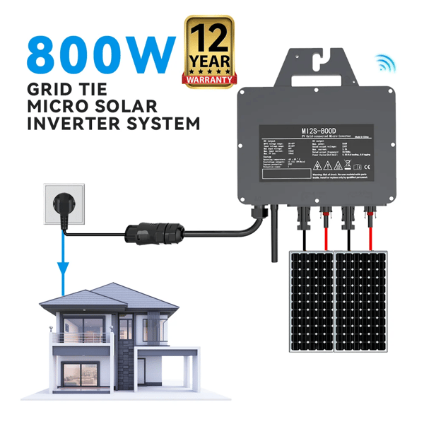 Aurinkoverkkoon liitettävä invertteri, 800W lähtöteho, IP67 suojaluokitus, Wi-Fi-yhteys,26-60V DC, 220V AC, 800W Muunnin