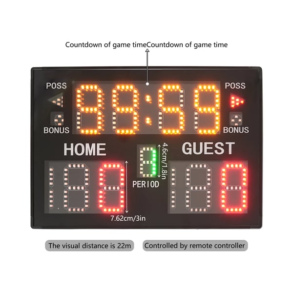 LED Scoreboard, USB-drevet, Fjernbetjening rækkevidde 30 m, Scorevisning 0-199, Vægt under 2,6 kg, 5 lysstyrkeniveauer