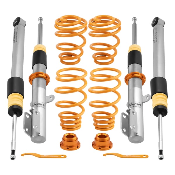 Coilover affjedringskit, justerbar højde 0 mm-60 mm, fjederhastighed foran 3 kg/mm, fjederhastighed bag 4 kg/mm, dimensioner 70cm x 50cm x 19cm