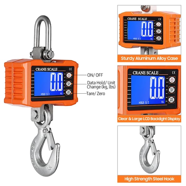 Digital Hængende Vægt, 1000kg Maksimal Kapacitet, LCD Baggrundsbelyst Skærm,orange