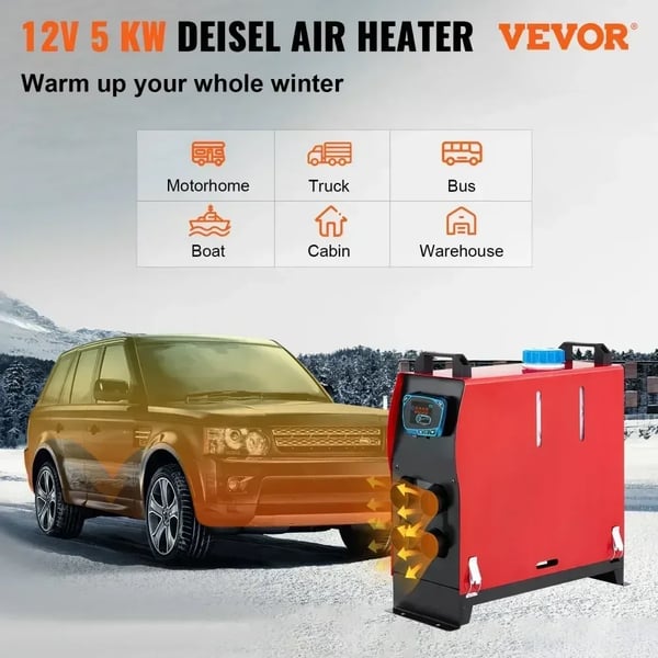 Diesel Luftvarmer, 5KW Effekt, 12V Spænding, 5L Tankkapacitet, -40℃ til +50℃ Opvarmningstemperatur, 0.64 L/H Brændstofforbrug