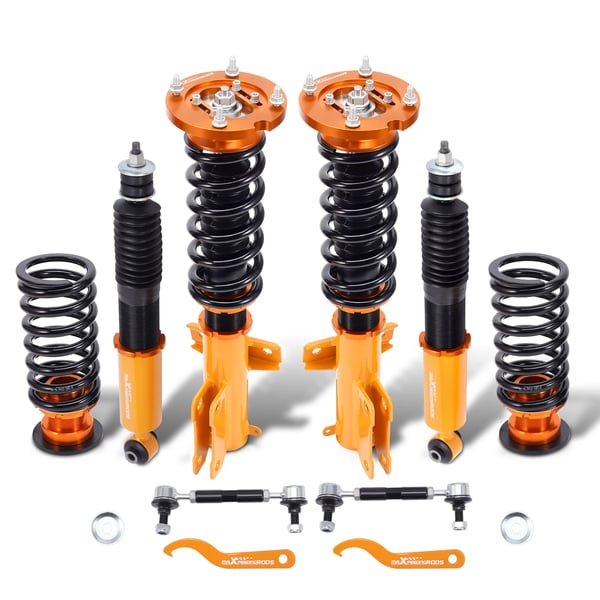 Coilover-jousituspaketti, säädettävä korkeus 505-665 mm edessä, säädettävä korkeus 500-585 mm takana, jousikovaus 8 kg/mm edessä