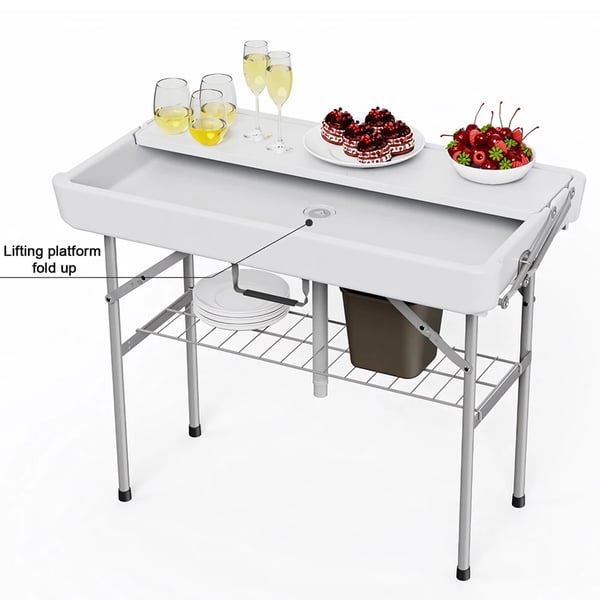Foldbart bord, ekstra opbevaringshylde, indbygget drænsystem,HVID, 103x56x82(100)cm
