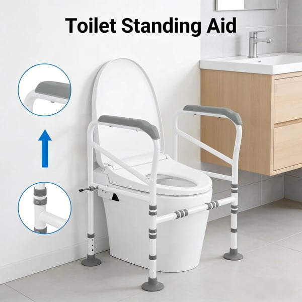 Toilet Sikkerhedsramme, Justerbar Højde 68,5-73,5 cm, Belastningskapacitet 150 kg, Armlænslængde 48 cm, Forreste Stang 25-30 cm Justerbar