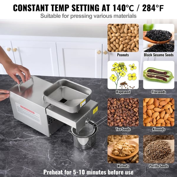 Elektrisk oliepressemaskine, 700W effekt, 1,5 kg/time kapacitet, 140℃ temperaturkontrol, kontinuerlig drift, fødevaregodkendt rustfrit stål