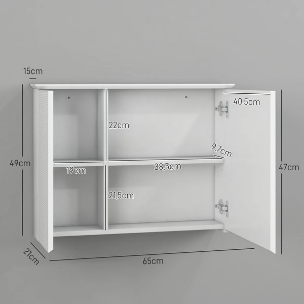 Badeværelsesskab med Spejl, MDF Materiale, 65 x 15 x 49 cm, 4 Rum Hylder, Justerbar Hylde 3 Niveauer, Nem Montering