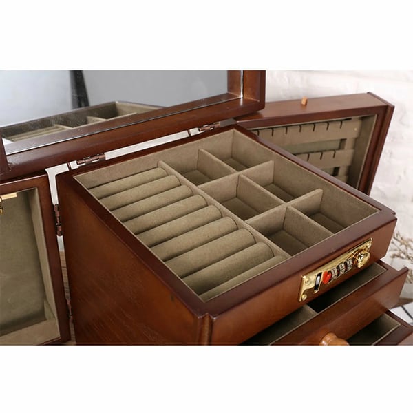 Smykkeorganisator, 4-lags opbevaring, kombinationslås,Brun
