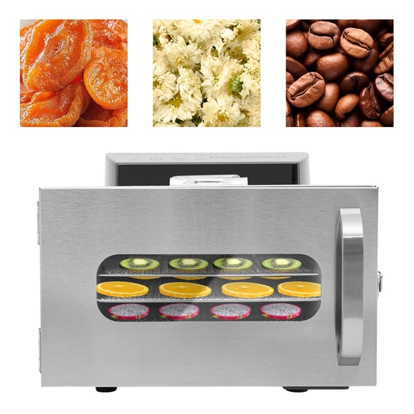 Maddehydrator, 400W, 6 bakker, temperaturinterval 30-90℃, timerindstilling 30 min-24 timer, rustfrit stål