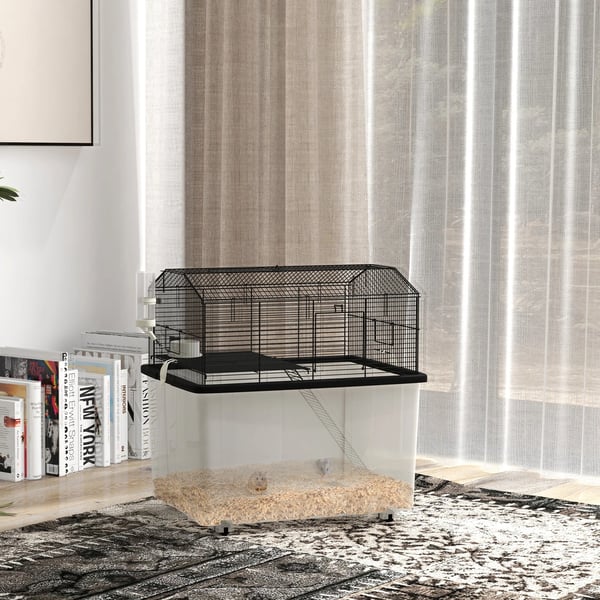 Hamsterihäkki, monitasoinen muotoilu, muovimateriaali, sisältää ruokinta-astian ja vesipullon,Musta