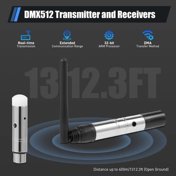 Trådløs DMX 512 Transceiver Kit, 126 Kanaler, Op til 300m Rækkevidde,sort
