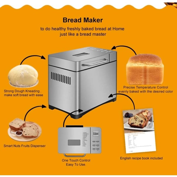 Brødmager, 1 kg kapacitet, 650 W effekt, 19 automatiske programmer, non-stick keramisk skål, 15-timers timer