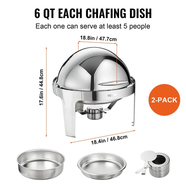 Chafing Dish, Rulletop Design, Rustfrit Stål Konstruktion,6QT  2 Pakker