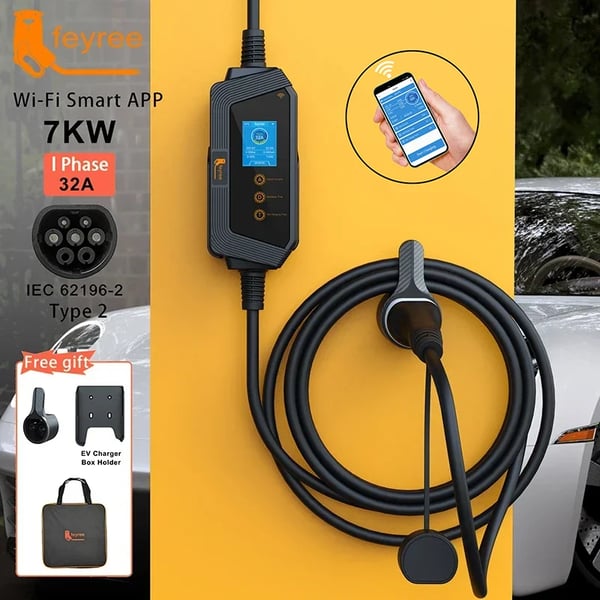 Bærbar EV-lader, 7KW effekt, justerbar ladestyrke,7KW APP NEJ Adapter