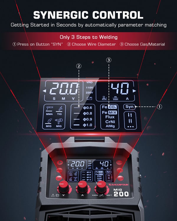 "MIG svejsemaskine, 220V, 200A, 20.9"" x 8.5"" x 16.1"", 2.0-15m/min tråd hastighed, IGBT inverter teknologi"