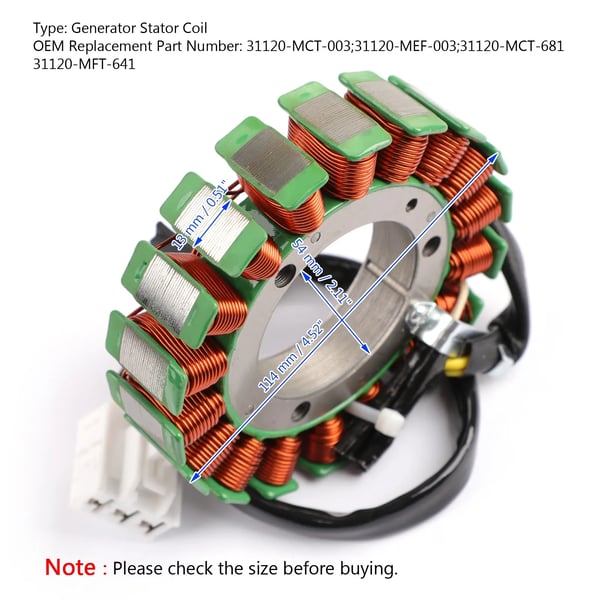 Generator Stator Spole, Indre Diameter 54 mm, Ydre Diameter 114 mm, Tykkelse 13 mm, Antal Ledninger 3, Antal Stifter 3