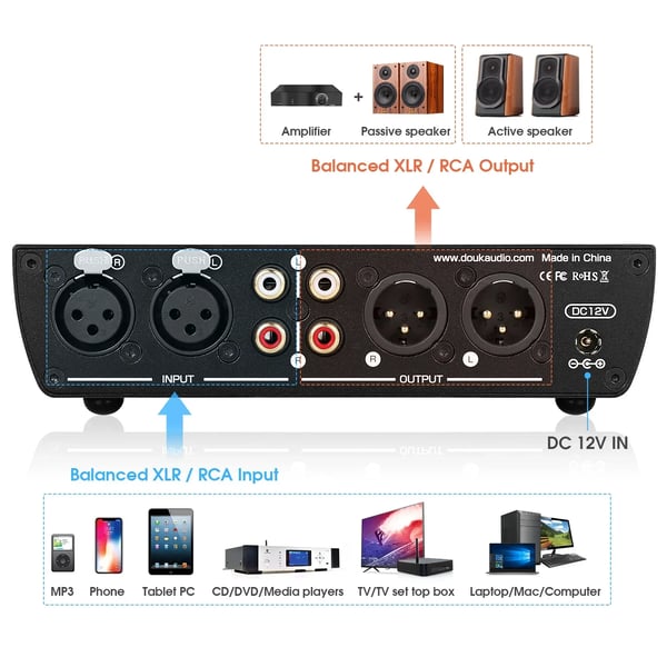 Equalizer, 7-bånds frekvenskontrol, balancerede XLR- og RCA-udgange, SNR ≥104dB, THD 0,003%, dimensioner 152mm x 126mm x 42mm