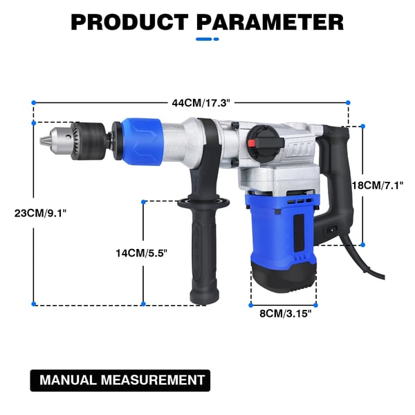 Rotary Hammer Boremaskine, 1500W, 4600 RPM Tomgangshastighed, 2M Kabellængde, SDS PLUS Værktøjsholder, 4500 BPM Slagfrekvens