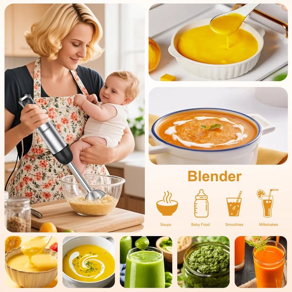 Håndholdt stavblender, 5 hastighedsindstillinger, rustfrit stål design,5 i 1, EU stik, sort