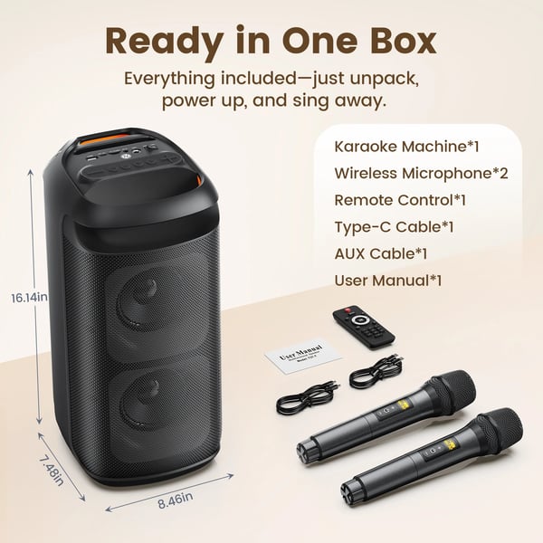 Karaoke Maskine, Dobbelt 8" Subwoofere, Bluetooth 5.3, Brugervenlige Kontroller, USB-A og TF Kort Support, Kompatibel med iOS og Android