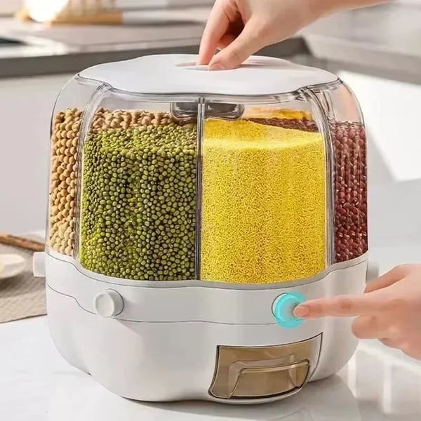 Cereal Dispenser, 360° roterende design, 6-rums opbevaring,HVID
