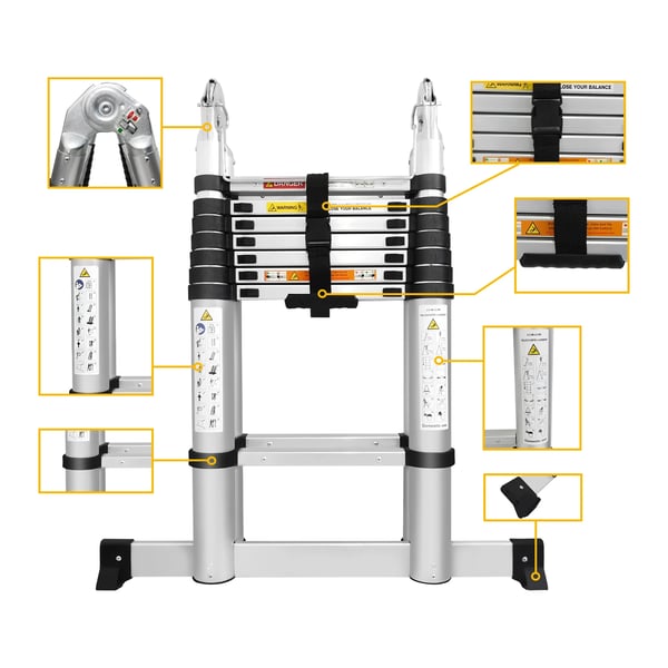 Teleskopstige, Vertikal længde 5m, Maksimal belastning 150kg, Trinantal 15, Aluminiumlegering konstruktion, Trinafstand 30cm