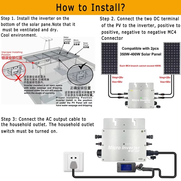 Sol inverter, høj effektivitet, vandtæt design,PV 22-50Vac, 800W med LED, 220V-230Vac