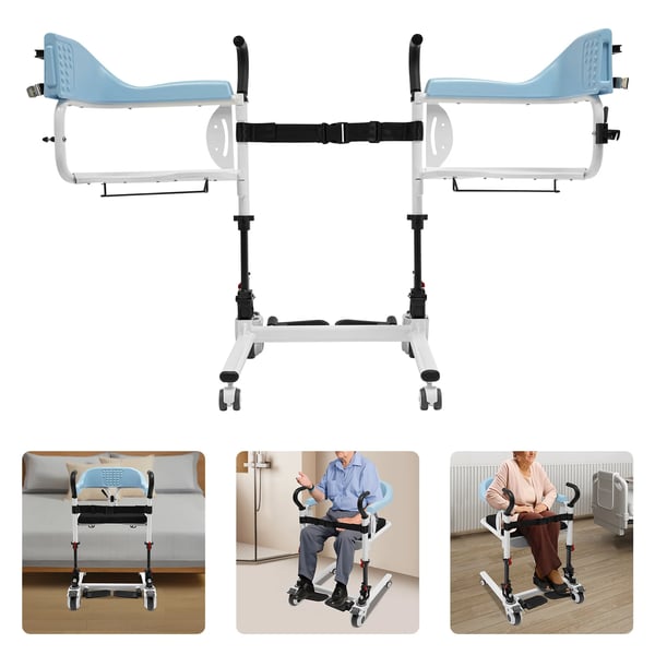 Patientløftestol, 4 hjul, 180° splitdesign, justerbar højde,Blå