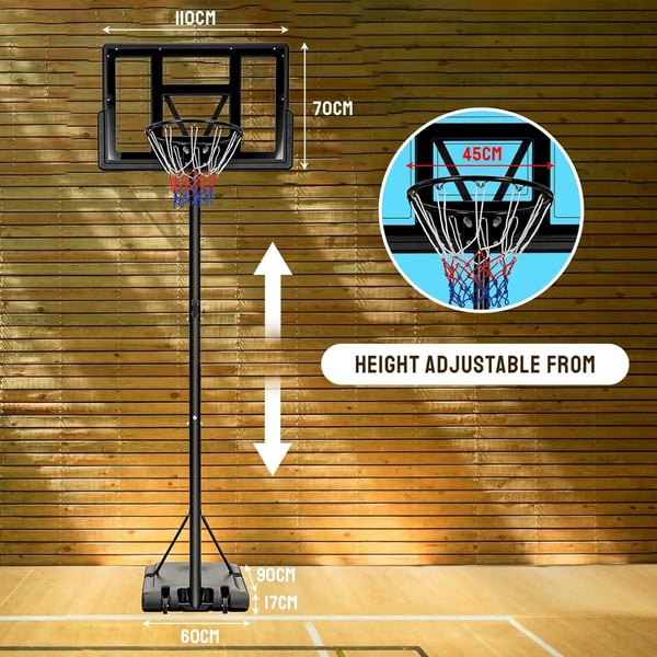 Basketballkurv, Højdejusterbar 230-305 cm, 110x70 cm Bagplade, 90x60x15 cm Base, 45 cm Kurv Diameter, Inkluderer Hjul