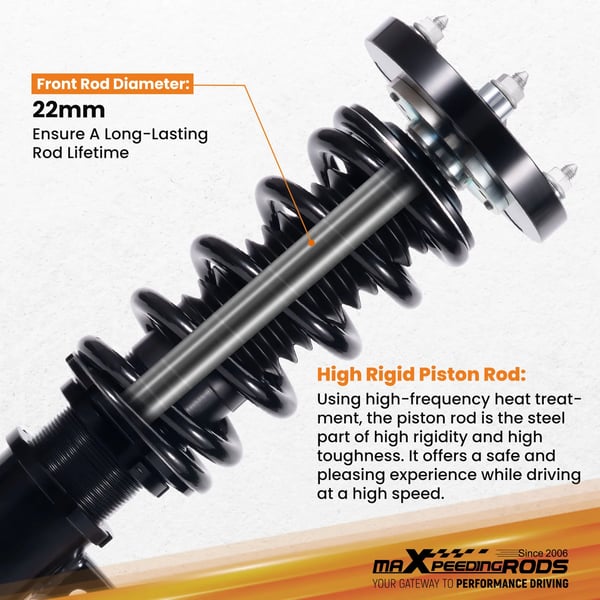 Coilovers, 24 niveauer justerbar dæmper, højdejusterbar 25-75 mm, varelængde 63 cm, varebredde 52 cm, varevægt 28 kg