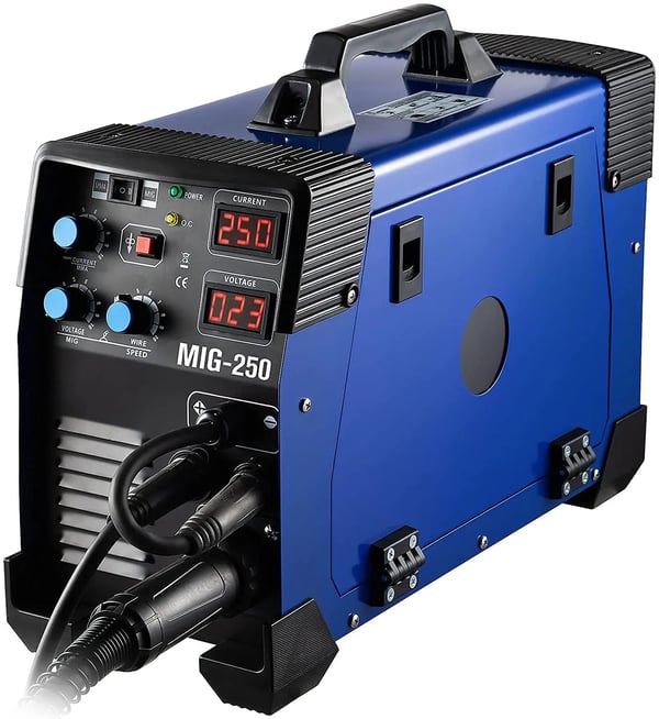 MIG svejser, 250 Amp, 220V, tråd hastighed 2.2-12 m/min, dimensioner 18.1 x 7.5 x 13 tommer, vægt 18.5 lbs