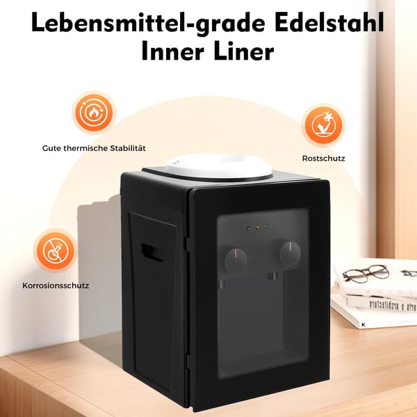 Vanddispenser, 550W opvarmningskraft, 75W kølekapacitet, 270x235x370mm dimensioner, 3kg vægt, kompatibel med forskellige flaske størrelser