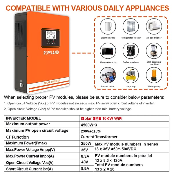 Sol inverter, 10KW effekt, ren sinuskurveudgang,SME-10KW-WIFI