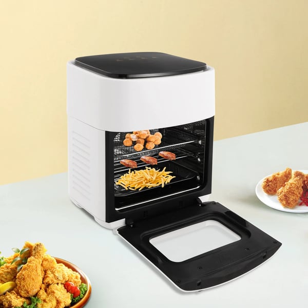 Luftfritösugn, 15L kapacitet, 1400W effekt, temperaturintervall 80-200℃, tidsintervall 5-65 minuter, LED-display