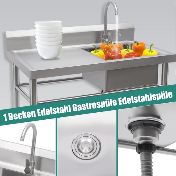 Rustfrit Stål Vask, Enkelt Skål, Fritstående Design,Sølv