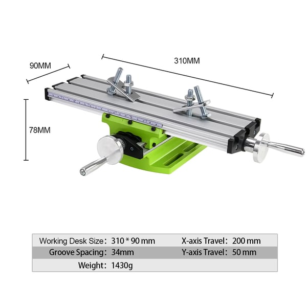 Mini præcisionsfræsemaskine, bordstørrelse 300mm x 90mm, X-akse bevægelse 200mm, Y-akse bevægelse 50mm, skalajustering 1,25mm, højde 76mm