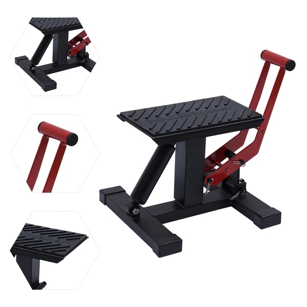 Motorcykel løftestativ, 400 kg kapacitet, justerbar højde 25-40 cm, panelstørrelse 28 x 17 cm, brutovægt 6,6 kg, holdbar stål konstruktion