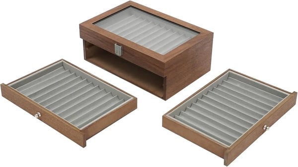 Pen Display Case, 34-Slot Organizer, Elegant Glass Lid,Brun