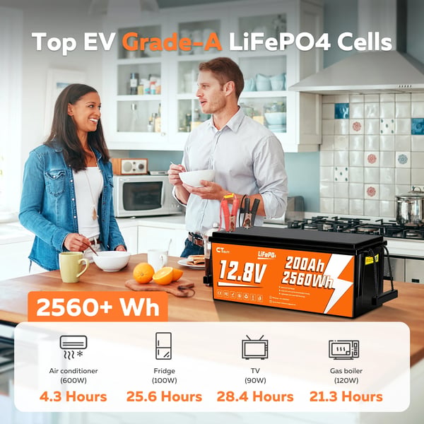 LiFePO4-batteri, 2560 Wh kapacitet, 200A BMS, RV, båd, camping, solpanelbatterier,CT200-12