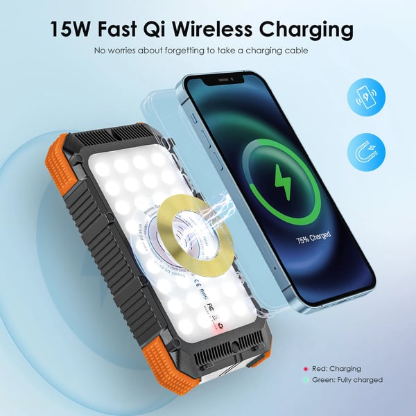 Solenergi Power Bank, 32000mAh Kapacitet, Trådløs Opladning,32000 mAh