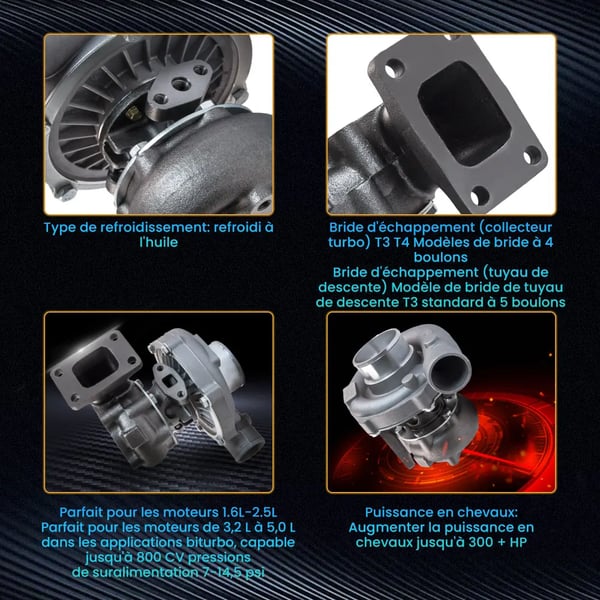 Turbocharger, Kompatibel med 1.5L til 2.5L Motorer, Øger op til 400HK, T3 T4 Flange, Oliekølet, Uden Wastegate