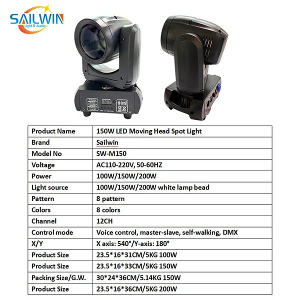 LED Moving Head Light, 150W Strømforbrug, Dimensioner 23,5x16x33 cm, Vægt 6 kg, 12 Kontrolkanaler, RGBW 4-i-1 Lyskilde