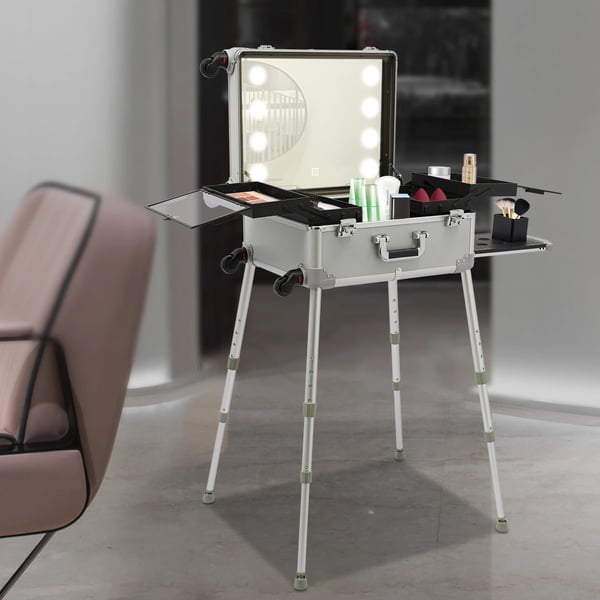 Makeup Case, 21 Tommer, 8 LED Lyskilde, Justerbar Højde 39-85 cm, Aftagelig Universel Hjul, Håndholdt og Håndtrukket Bæring