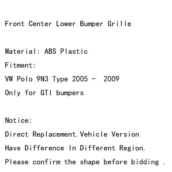 Front Center Nedre Bumper Gitter, ABS Plast, Sort Farve, Til Kompakt Bil Model 9N3 GTI (2005-2009), Helt Ny, Honningkage Stil