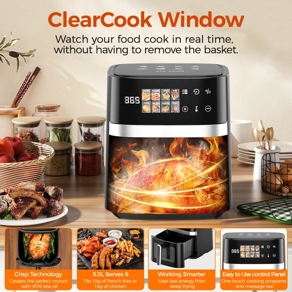 Air Fryer, 8-i-1 Madlavningsindstillinger, Digital LED Skærm,EU, Sort
