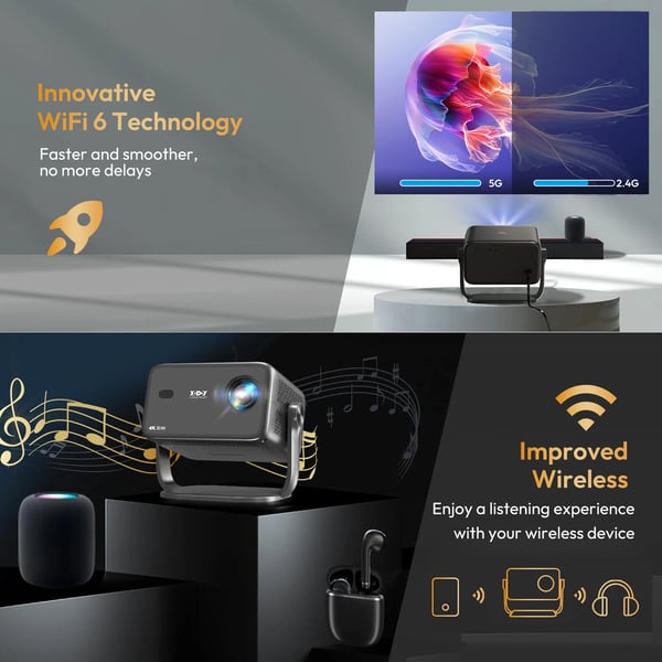 Projektori, 1080P Natiiviresoluutio, WiFi 6 ja Bluetooth-yhteys,musta