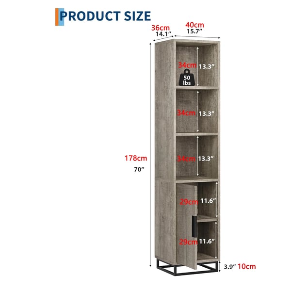 Narrow Bathroom Cabinet, MDF træ, 36 cm dybde, 40 cm bredde, 178 cm højde, justerbare hylder