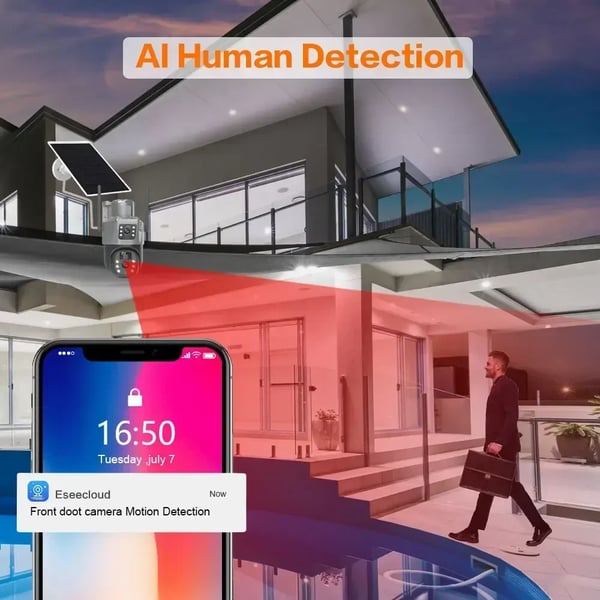 Solarkamera, Dual Linse, AI Detektion,EseeCloud 4G Solenergi
