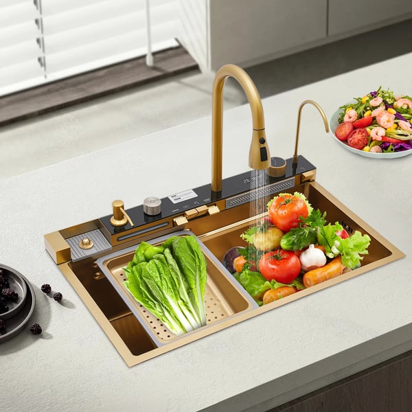 Vandfald Køkkenvask, Rustfrit Stål, Moderne Design,Guld