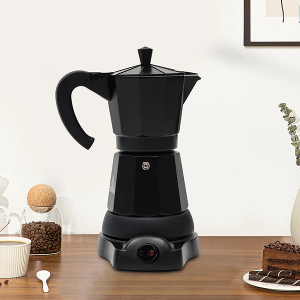 Moka-kahvipannu, 300 ml kapasiteetti, 480 W teho, moderni muotoilu,musta