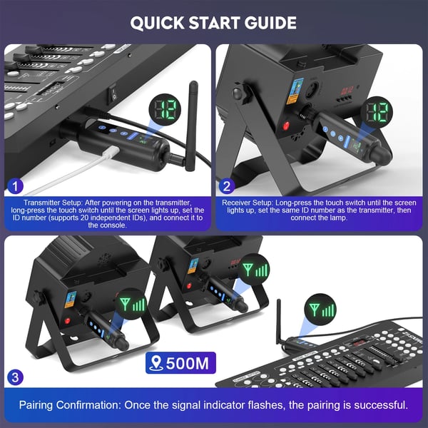 Trådlös DMX512-mottagare, inbyggt batteri, smart LED-display,4PCS